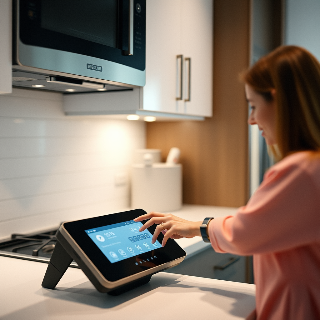 A mulher está apertando o botão do tablet com suas duas mãos. A mulher tem cabelos castanhos, um relógio na mão e um blusa...