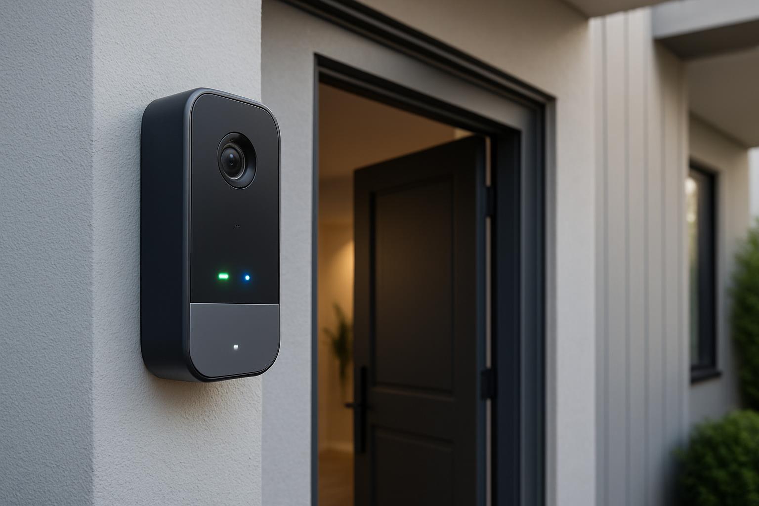 A imagem apresenta uma câmera de vigilância instalada em uma parede, próxima a uma porta.