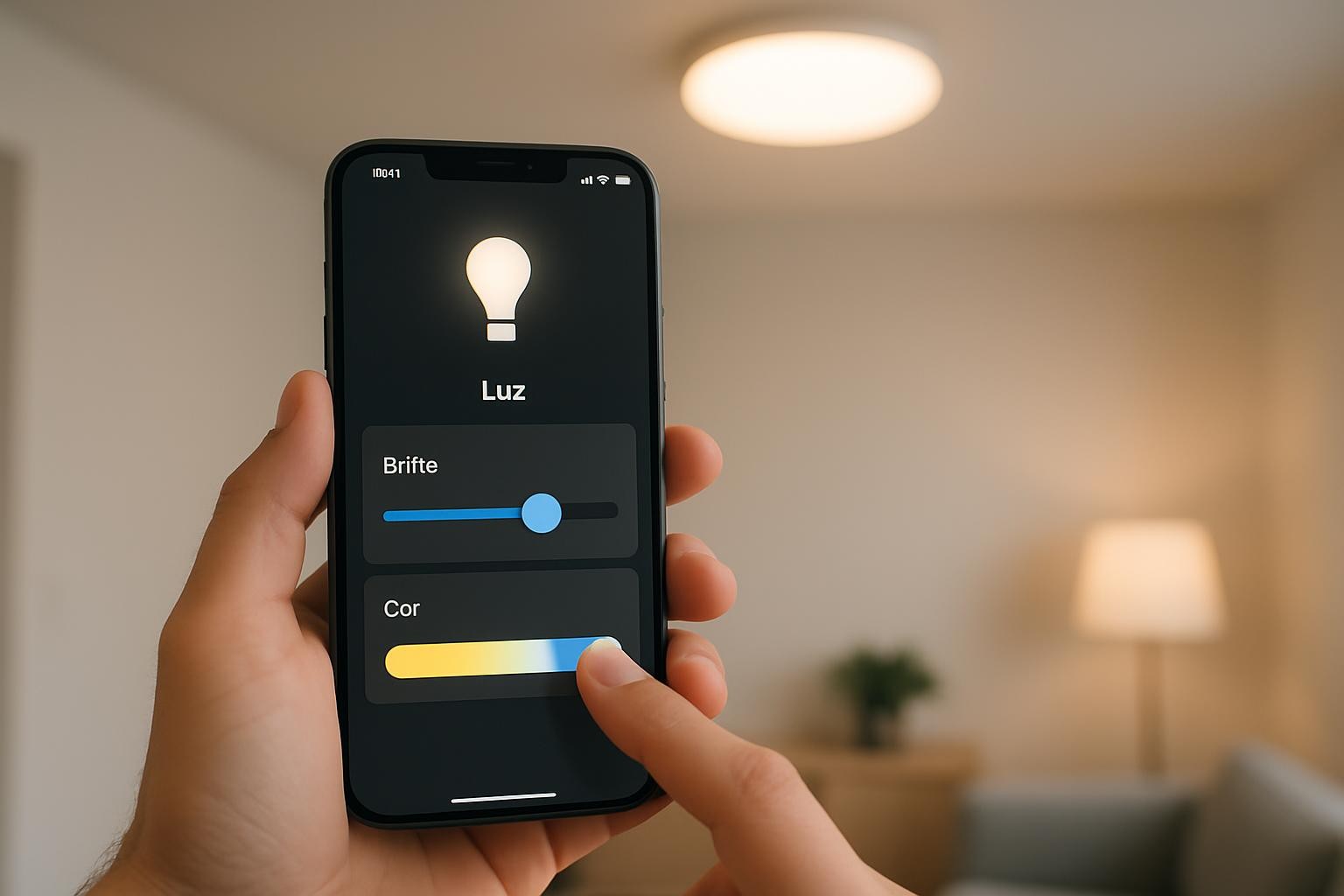 um celular controlando luzes, com interface de controle em português